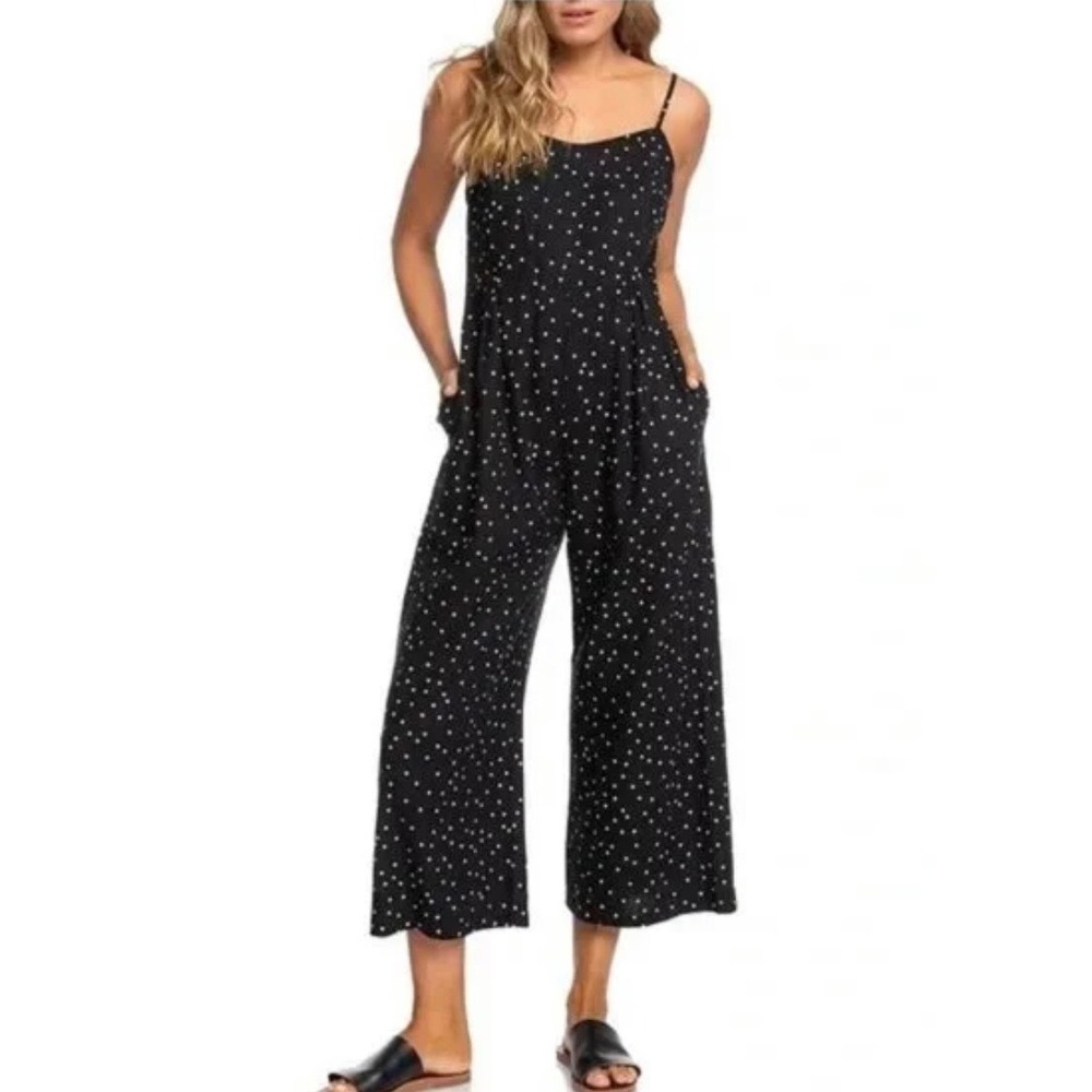 Roxy Black Polka Dot Wide Leg Jumpsuit Linen Blend Adjustable Straps Womens L